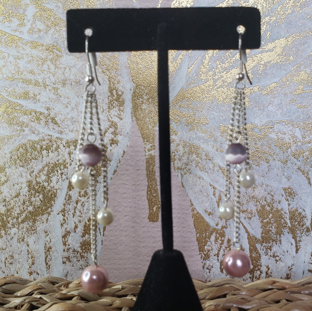 Pink/ Pearl Tone Drop Earrings